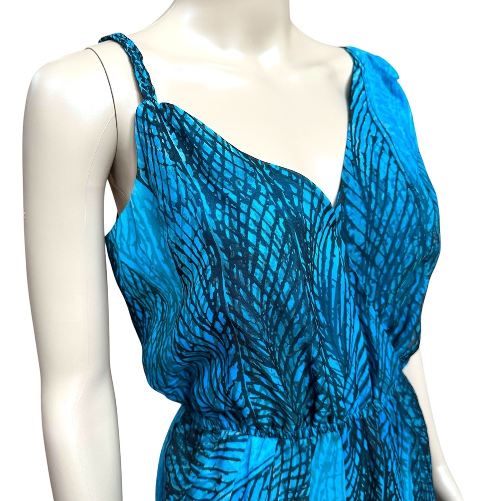 Bebe Blue Abstract Faux Wrap Draped Mini Dress Sleeveless Tulip Hem Airy Size XS - Picture 6 of 10